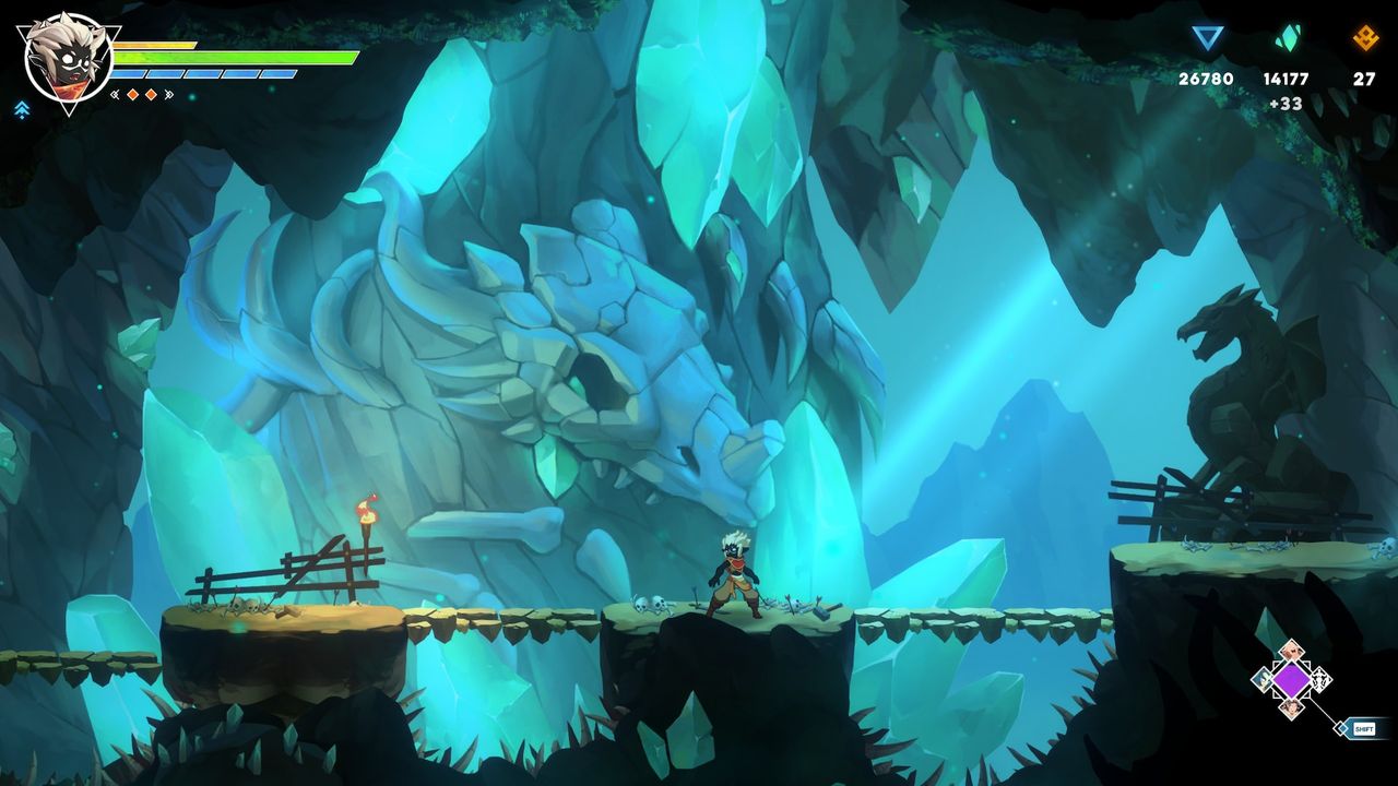 Crystal cavern HUD: bars, shard counters, SHIFT skill diamond — Steam community screenshot